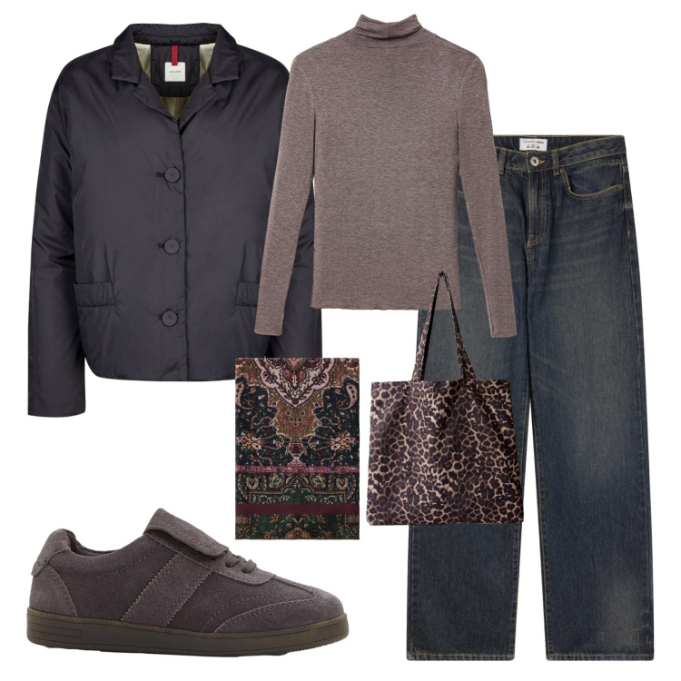 Outfit donna - Mid season sale!. Stile Casual per Scuola/Università. Abbinamento con sneakers, jeans dritti, shopping bag, t-shirt, foulard, blazer.
