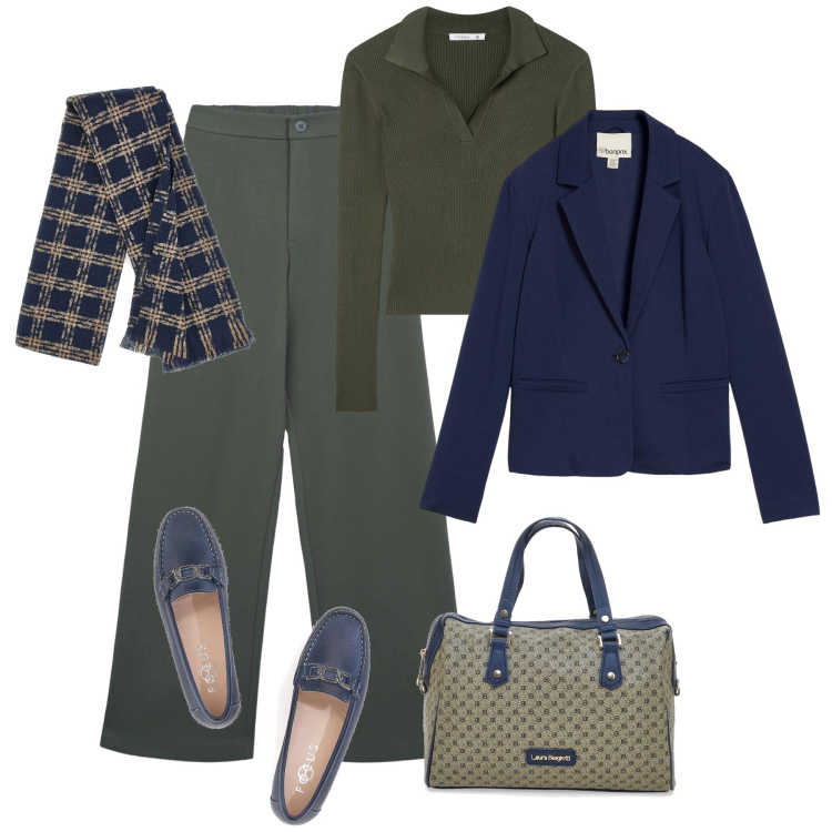 Outfit donna - Blu e verde per tutti i giorni. Stile Urban per Tutti i giorni. Abbinamento con blazer, pantaloni, maglieria, mocassini, borse a spalla, sciarpe.