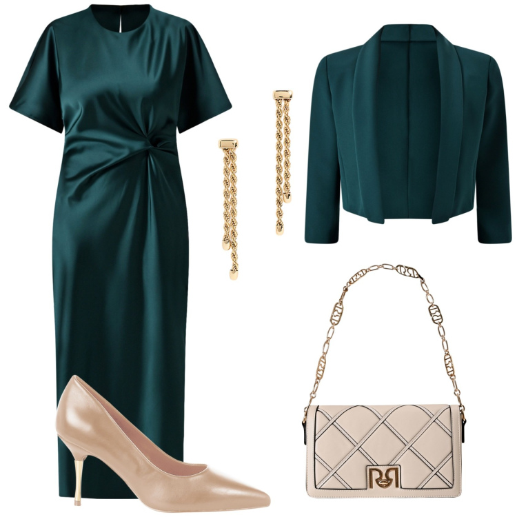 Outfit donna - Elegante in ottanio. Stile Chic per Cerimonia. Abbinamento con vestiti midi/longuette, bolero, borse a tracolla, décolleté, orecchini.