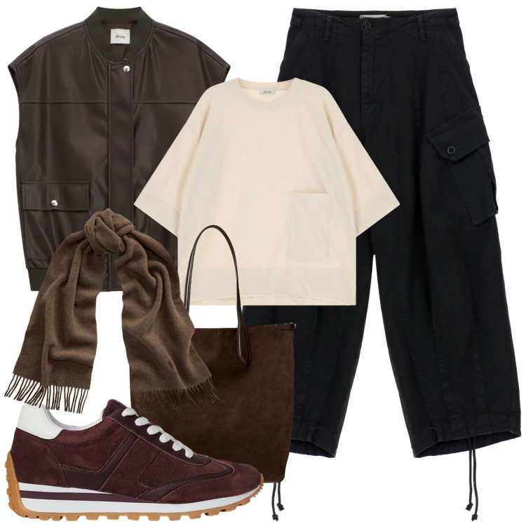 Outfit donna - Brown vibes. Stile Casual chic per Tutti i giorni. Abbinamento con pantaloni, gilet, t-shirt, sciarpe, borse tote, sneakers.
