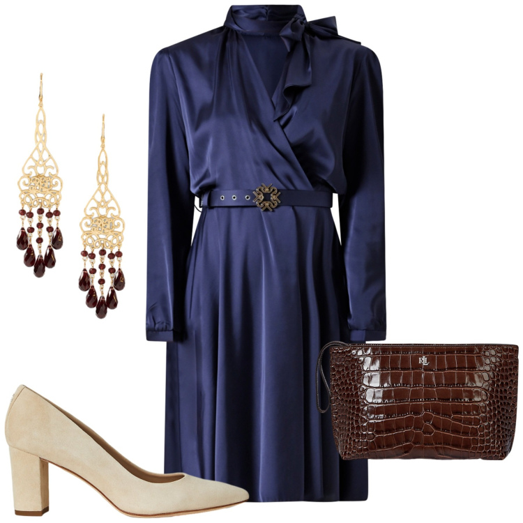 Outfit donna - Seta blu da cerimonia. Stile Bon Ton per Cerimonia. Abbinamento con vestiti corti, pochette, décolleté, orecchini.