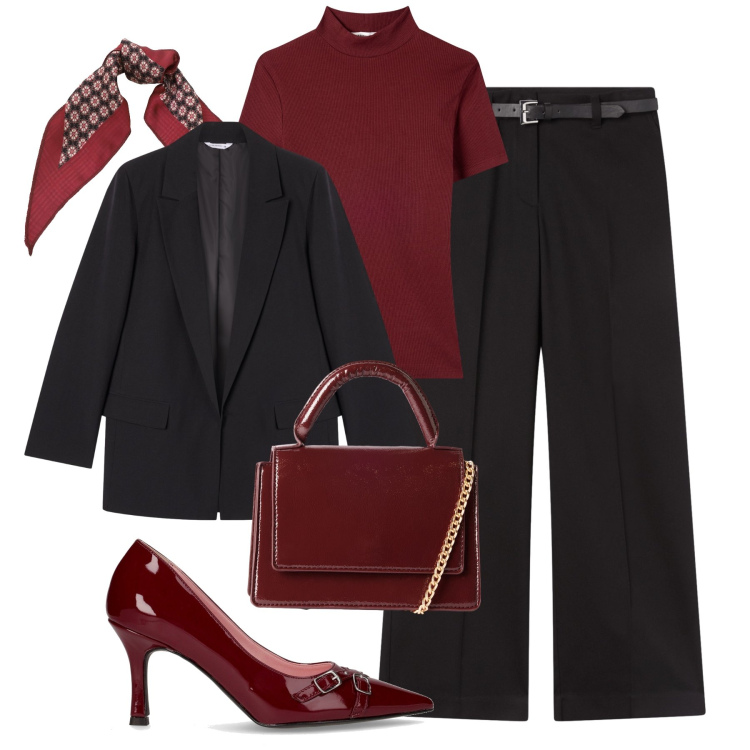 Outfit donna - Minimal glam in ufficio. Stile Glamour per Ufficio. Abbinamento con t-shirt, borse a tracolla, pantaloni, blazer, foulard, décolleté.