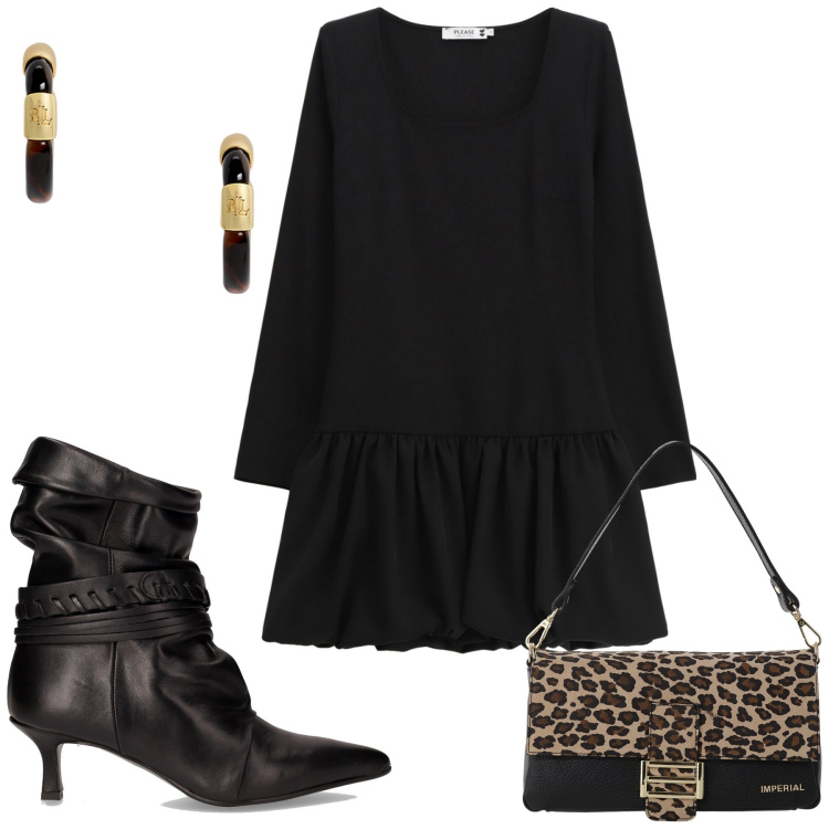 Outfit donna - Animalier e intrecci di pelle. Stile Chic per Serata fuori. Abbinamento con vestiti corti, borse a spalla, orecchini, stivaletti.