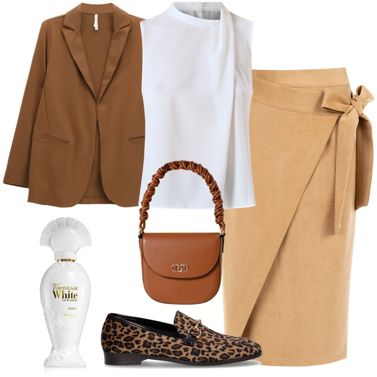 Outfit donna - Per un fit impeccabile. Stile Trendy per Ufficio. Abbinamento con profumi, top, borse a mano, gonne longuette, blazer, mocassini.