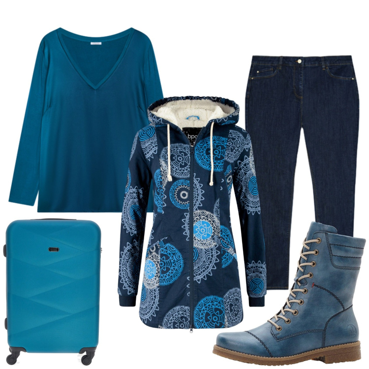 Outfit donna - Partenza casual in ottanio. Stile Casual per Tutti i giorni. Abbinamento con parka, stivaletti, bluse, valigie, jeans skinny.
