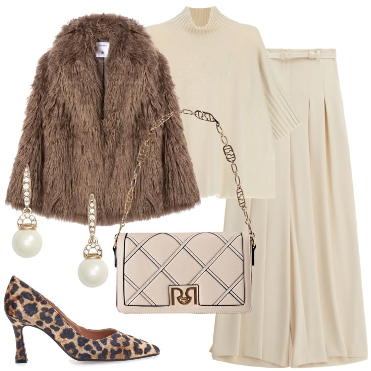 Outfit donna - La pelliccia marrone. Stile Casual chic per Tutti i giorni. Abbinamento con ecopellicce, borse a tracolla, pantaloni a palazzo, maglieria, orecchini, décolleté.
