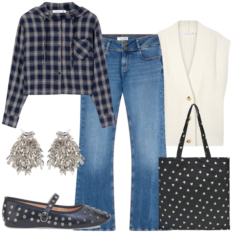 Outfit donna - Ballerine d\'autunno. Stile Casual chic per Tutti i giorni. Abbinamento con jeans a zampa, camicie, borse tote, gilet, orecchini, ballerine.