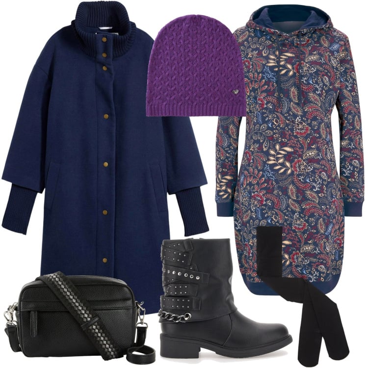 Outfit donna - Mix tra lo Stile grintoso e praticità. Stile Urban per Tutti i giorni. Abbinamento con vestiti, cappotti, berretti, borse a tracolla, collant, stivaletti.