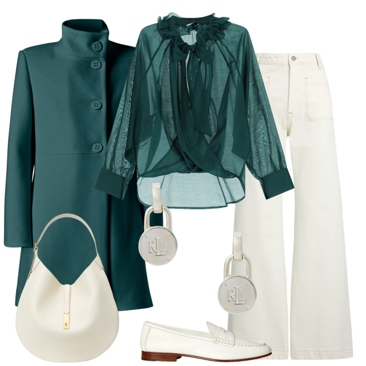 Outfit donna - Ottanio. Stile Trendy per Ufficio. Abbinamento con cappotti, bluse, borse a spalla, jeans, mocassini, orecchini.