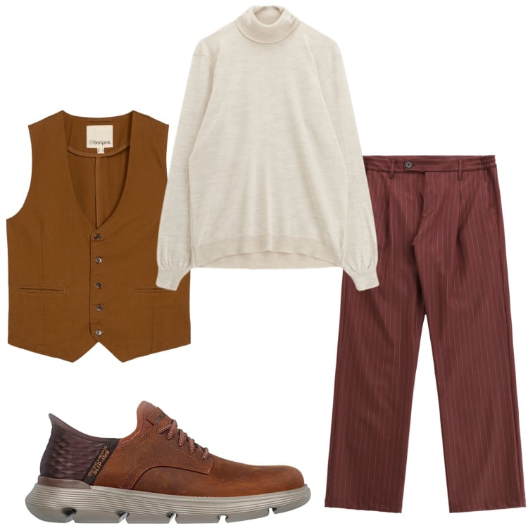 Outfit uomo - Serata fuori. Stile Trendy per Serata speciale. Abbinamento con gilet, pantaloni, maglieria, sneakers.