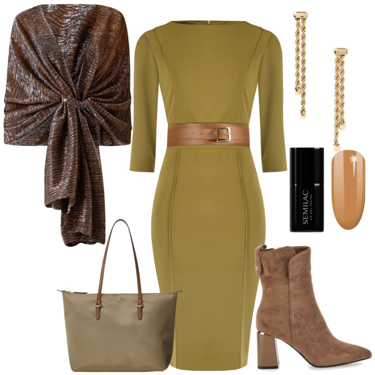 Outfit donna - Tubino verde olio. Stile Chic per Serata fuori. Abbinamento con smalti, stole, vestiti a tubino, borse tote, orecchini, stivaletti.