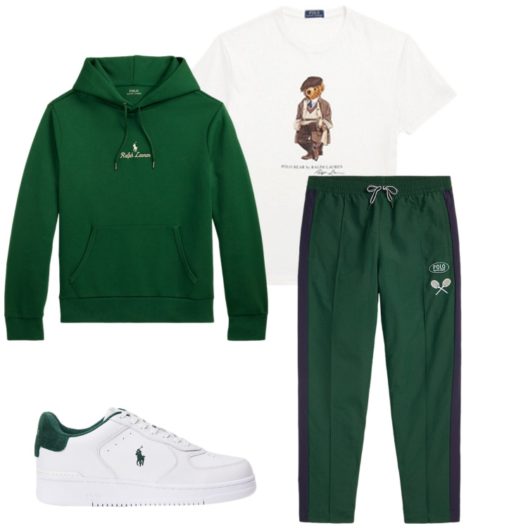 Outfit uomo - Total look #2260180. Stile Trendy per Sport. Abbinamento con felpe con cappuccio, t-shirt, sneakers, pantaloni.