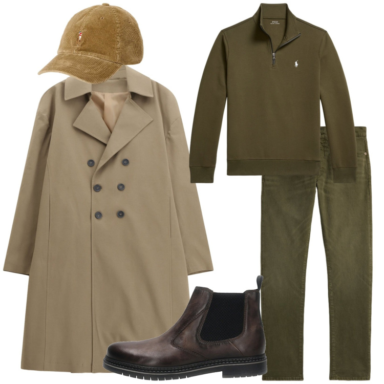 Outfit uomo - Total look #2260181. Stile Business/Elegante per Ufficio. Abbinamento con trench, cappelli, jeans, pullovers, stivali e stivaletti.