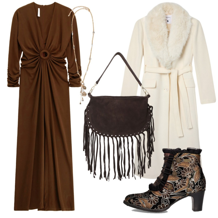 Outfit donna - Etnico per la sera. Stile Etnico per Serata fuori. Abbinamento con cappotti, vestiti lunghi, borse a tracolla, stivaletti, ciondoli.