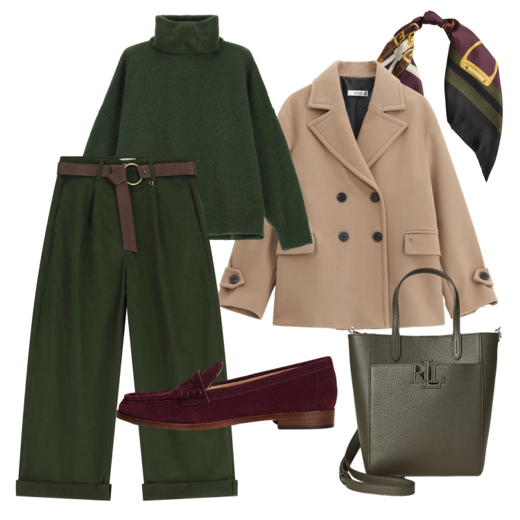 Outfit donna - Autunno in città. Stile Urban per Tutti i giorni. Abbinamento con cappotti, maglieria, pantaloni, mocassini, borse tote, foulard.