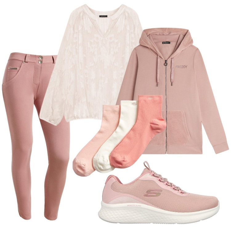 Outfit donna - Sportiva romantica. Stile Sporty chic per Tutti i giorni. Abbinamento con felpe con cappuccio, pantaloni skinny, calzini, sneakers, bluse.