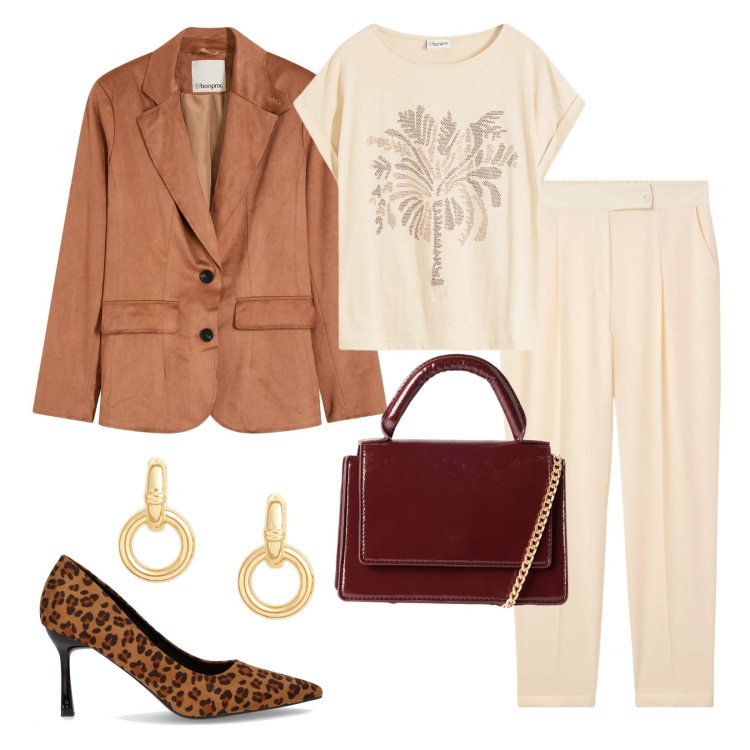 Outfit donna - Saldi di mezza stagione!. Stile Chic per Serata fuori. Abbinamento con t-shirt, blazer, borse a tracolla, pantaloni chino, orecchini, décolleté.