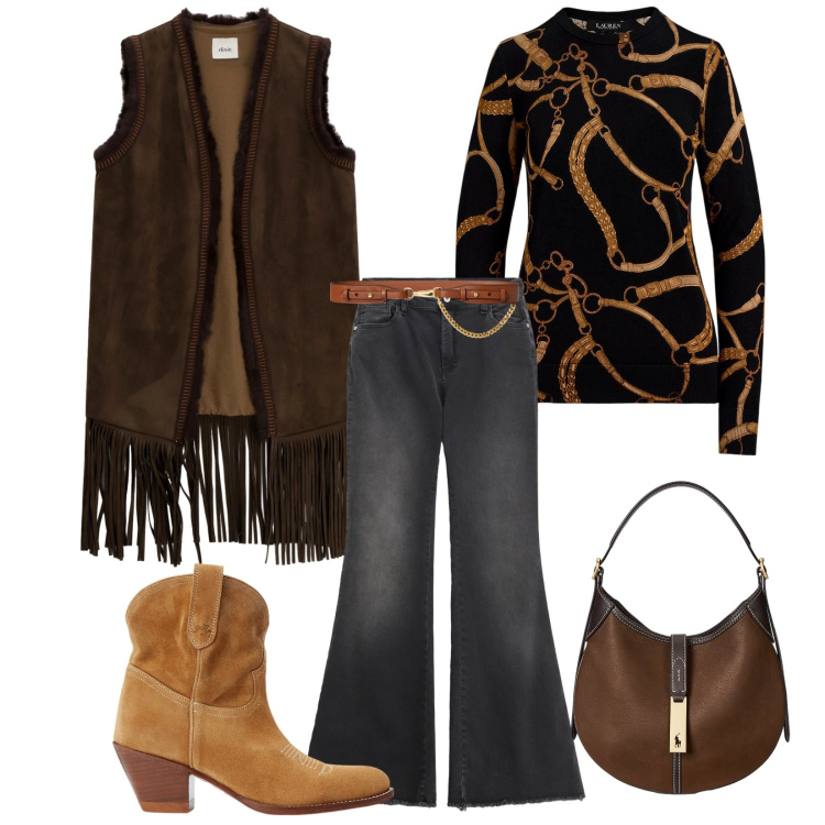 Outfit donna - Il gilet con le frange. Stile Chic per Serata fuori. Abbinamento con jeans a zampa, cappotti, maglieria, stivaletti, cinture, borse a spalla.