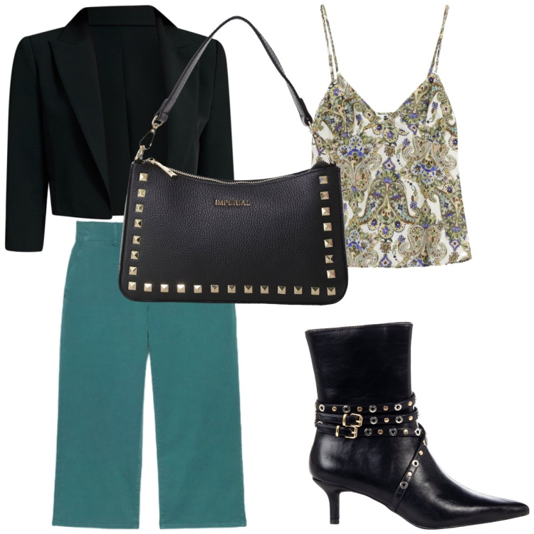 Outfit donna - Total look #2260194. Stile Glamour per Tutti i giorni. Abbinamento con top, stivaletti, bolero, pochette, pantaloni.