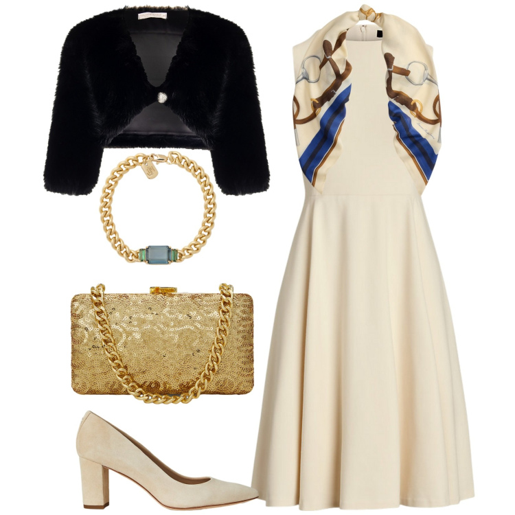 Outfit donna - Total look #2260195. Stile Bon Ton per Cerimonia. Abbinamento con bolero, vestiti senza maniche, décolleté, clutch, braccialetti, foulard.