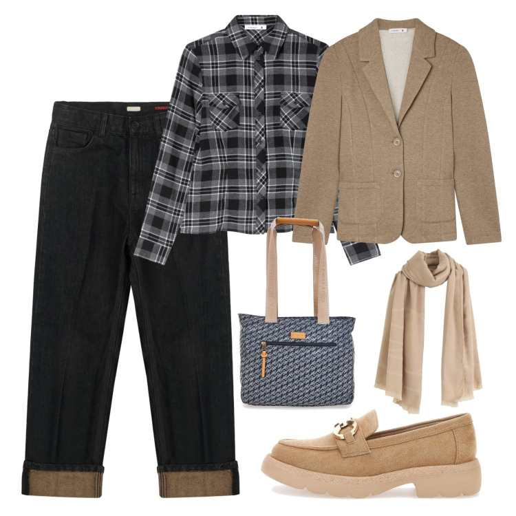 Outfit donna - Contrasti!. Stile Casual per Tutti i giorni. Abbinamento con sciarpe, blazer, camicie, jeans dritti, mocassini, borse a spalla.