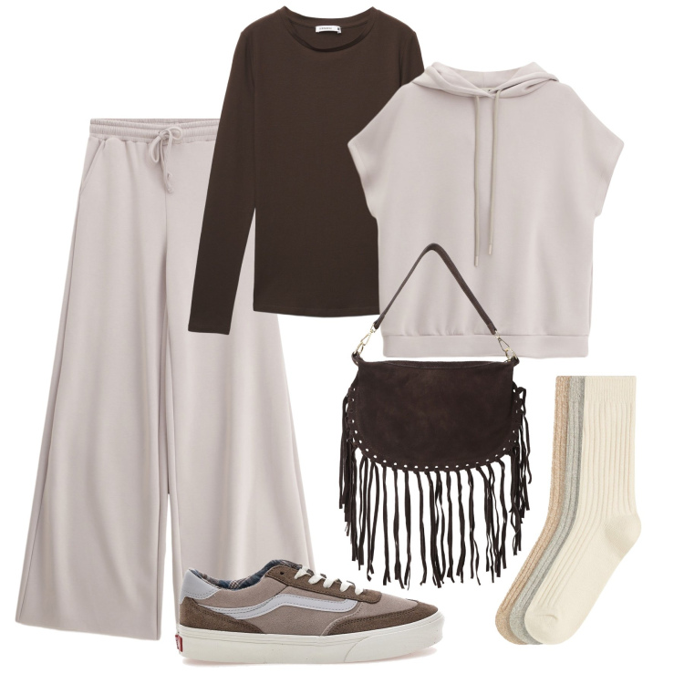 Outfit donna - Sportiva color casha. Stile Urban per Tutti i giorni. Abbinamento con calzini, t-shirt, borse a tracolla, pantaloni a palazzo, felpe con cappuccio, sneakers.