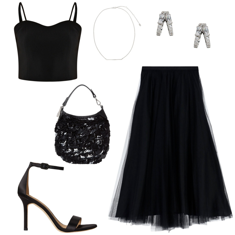 Outfit donna - Total look #2260200. Stile Sexy per Serata fuori. Abbinamento con top, gonne lunghe, orecchini, collane, pochette, sandali col tacco.