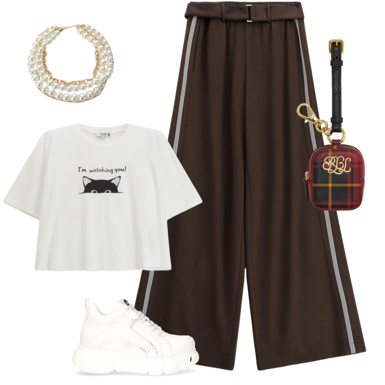 Outfit donna - Total look #2260203. Stile Casual chic per Tutti i giorni. Abbinamento con t-shirt, pantaloni a palazzo, collane, pochette, sneakers alte.