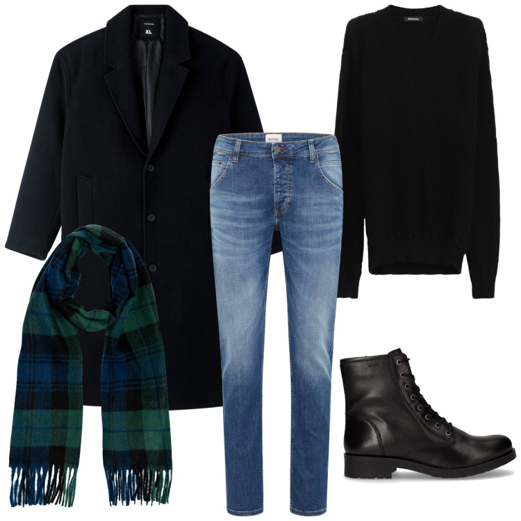 Outfit uomo - Total look #2260204. Stile Casual per Tutti i giorni. Abbinamento con jeans dritti, cappotti, maglieria, stivali e stivaletti, sciarpe.
