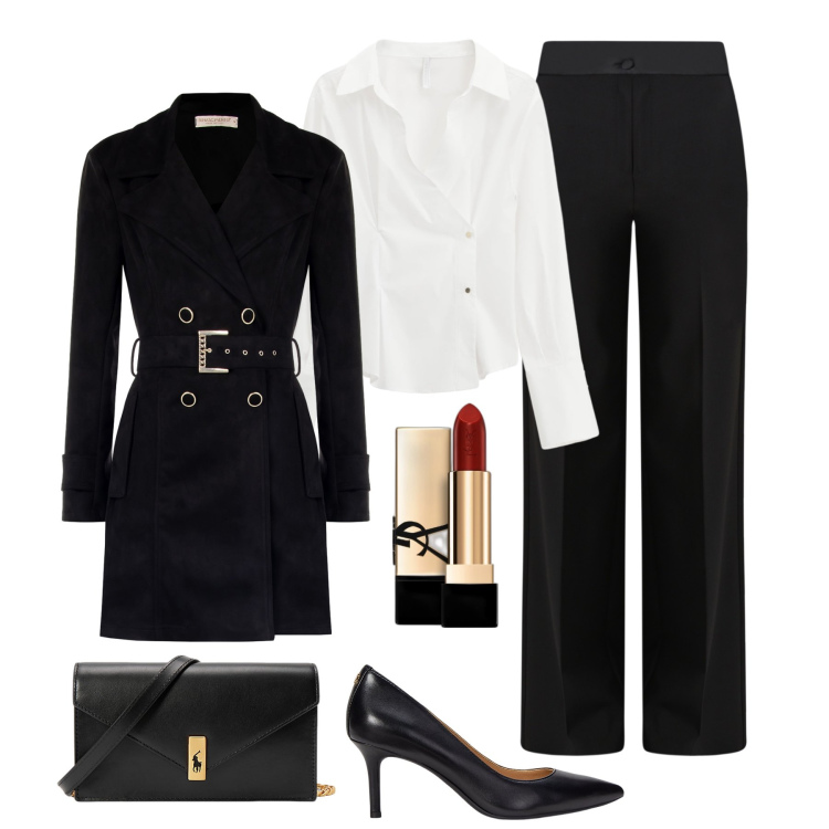 Outfit donna - Trench corto per la sera. Stile Chic per Serata fuori. Abbinamento con rossetti, trench, pantaloni a palazzo, camicie, clutch, décolleté.