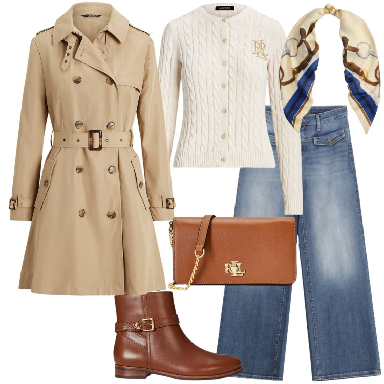 Outfit donna - Trench Season. Stile Urban per Tutti i giorni. Abbinamento con jeans, cardigans, borse a mano, stivaletti, foulard, trench.