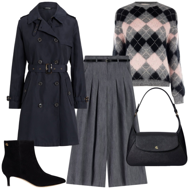 Outfit donna - Trench Season. Stile Urban per Tutti i giorni. Abbinamento con maglieria, pantaloni a palazzo, borse a spalla, stivaletti, trench.