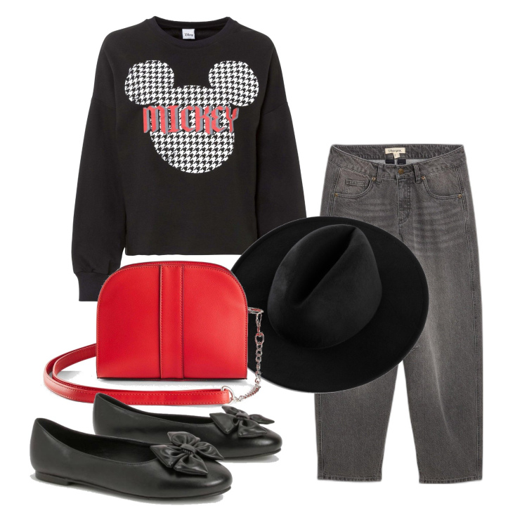 Outfit femme - Octobre. Style Tendance pour Tous les jours. Assortir avec chapeaux, sacs en bandoulière, sweat-shirts, jeans, ballerines.