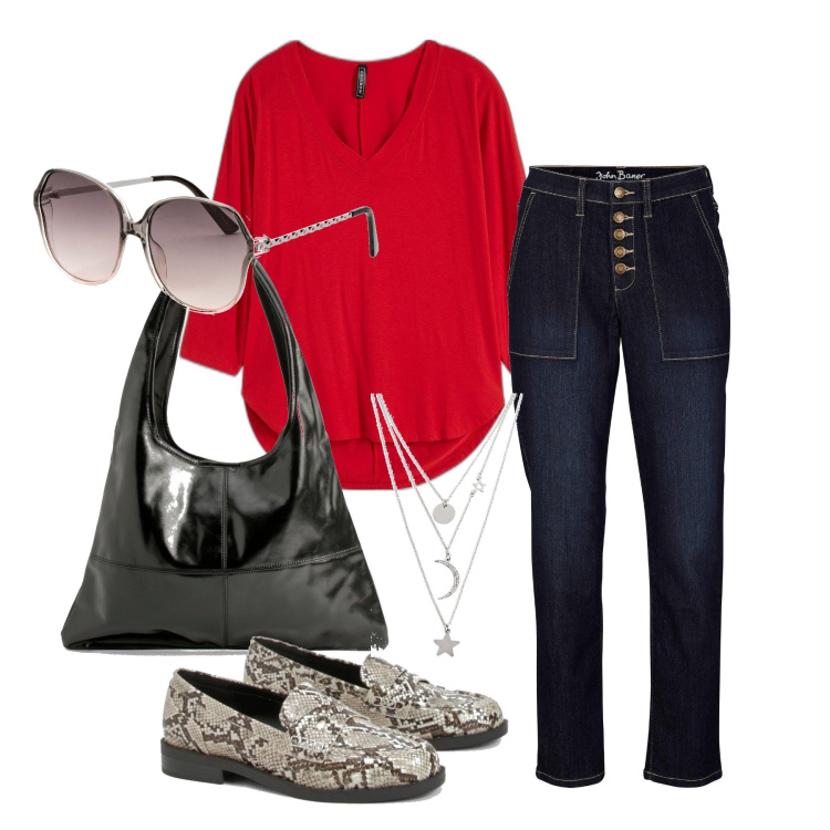 Outfit femme - Octobre. Style Casual chic pour Tous les jours. Assortir avec t-shirts, colliers, lunettes de soleil, jean boyfriend, sacs tote, mocassins.