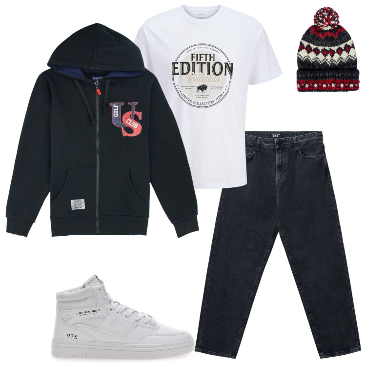 Outfit uomo - Sabato con gli amici. Stile Casual per Serata speciale. Abbinamento con t-shirt, jeans, felpe con cappuccio, berretti, sneakers.