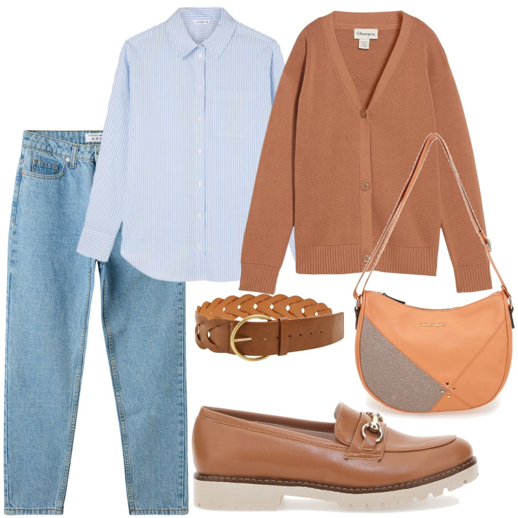 Outfit donna - Una giornata di lavoro. Stile Casual per Ufficio. Abbinamento con cardigans, jeans mom, cinture, camicie, mocassini, borse a tracolla.