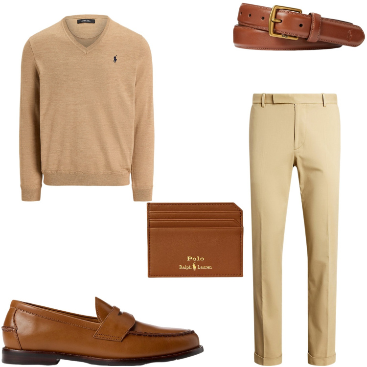 Outfit uomo - Sporty chic. Stile Urban per Serata speciale. Abbinamento con cinture, scarpe stringate, pantaloni chino, portafogli, maglieria.