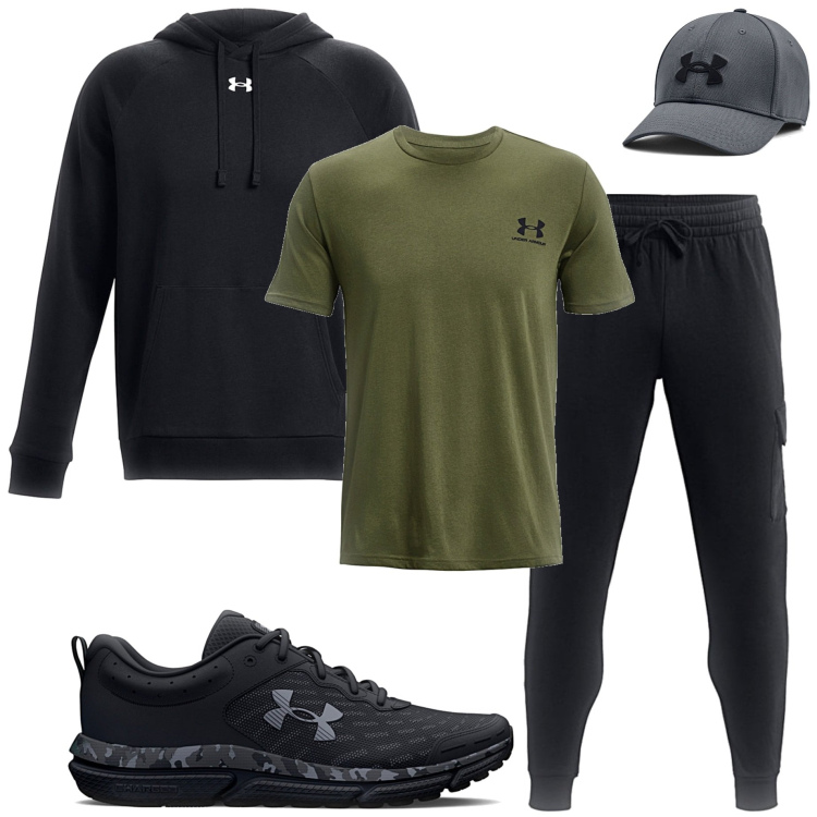 Outfit uomo - Under Armour. Stile Casual per Sport. Abbinamento con felpe con cappuccio, cappelli, scarpe sportive, t-shirt sportive, pantaloni.
