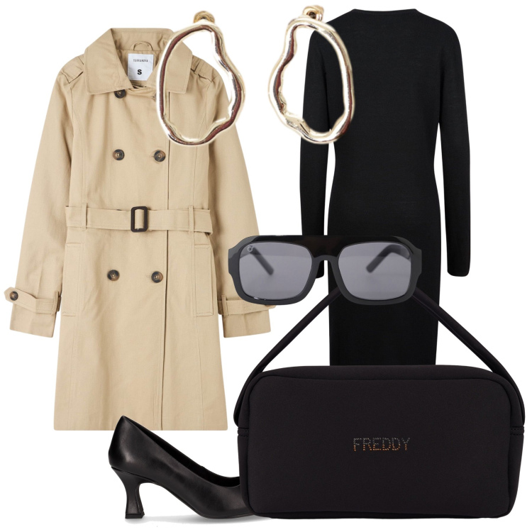 Outfit donna - Classico trench dall ufficio alla serata. Stile Urban per Ufficio. Abbinamento con trench, orecchini, occhiali da sole, borse a mano, vestiti midi/longuette, décolleté.