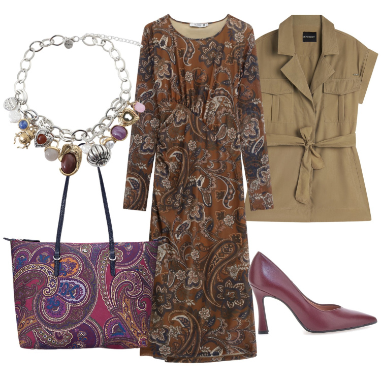 Outfit donna - Trench smanicato per cena fuori. Stile Chic per Serata fuori. Abbinamento con vestiti midi/longuette, trench, braccialetti con ciondoli, borse tote, décolleté.
