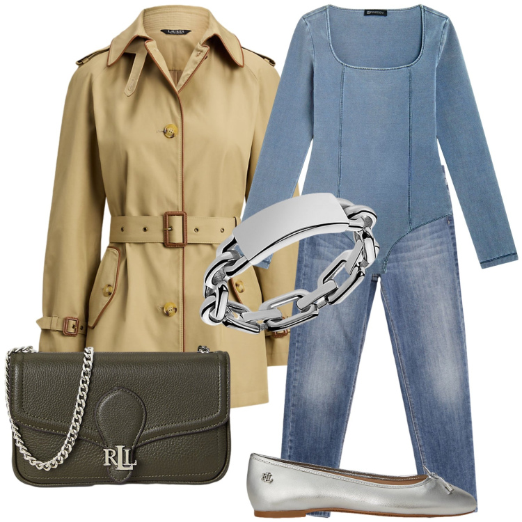 Outfit donna - Combo trench e jeans per la giornata. Stile Sporty chic per Tutti i giorni. Abbinamento con jeans skinny, body, clutch, anelli, ballerine, trench.