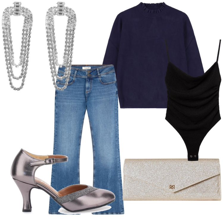Outfit donna - Gli accessori fanno l aperitivo. Stile Sporty chic per Serata fuori. Abbinamento con orecchini, jeans a zampa, body, pochette, maglieria, décolleté.