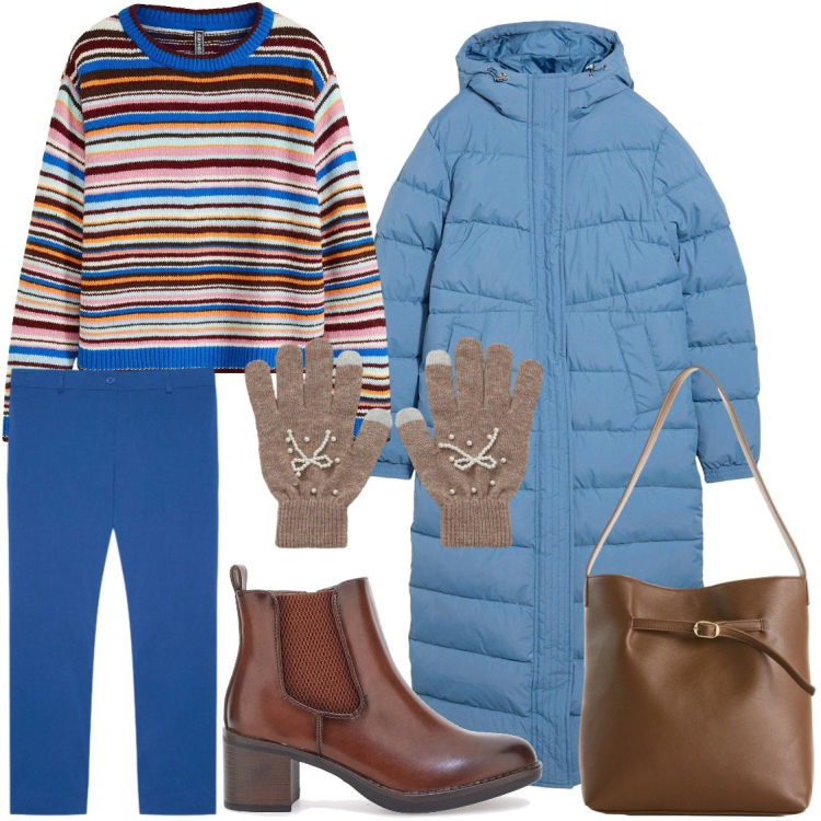 Outfit donna - Il piumino. Stile Casual chic per Tutti i giorni. Abbinamento con maglieria, cappotti, borse a mano, guanti, stivaletti, pantaloni.