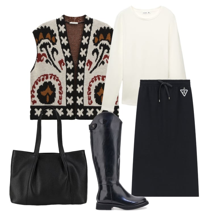 Outfit donna - Gonna e stivali. Stile Casual chic per Tutti i giorni. Abbinamento con shopping bag, t-shirt, gilet, gonne longuette, stivali.