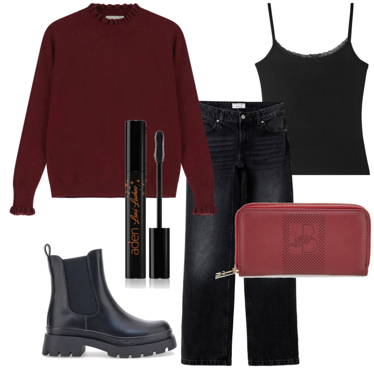 Outfit donna - La mia quotidianità. Stile Casual per Tutti i giorni. Abbinamento con mascara, magliette intime, jeans, maglieria, stivaletti chelsea, portafogli.