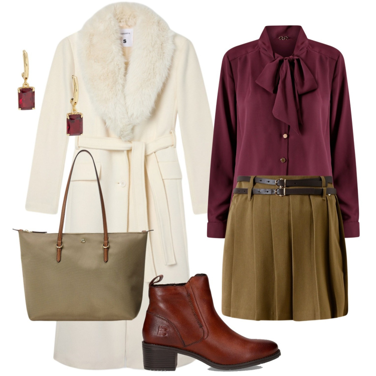 Outfit donna - Un sogno che cammina. Stile Casual chic per Ufficio. Abbinamento con cappotti, bluse, minigonne, borse tote, orecchini, stivaletti.
