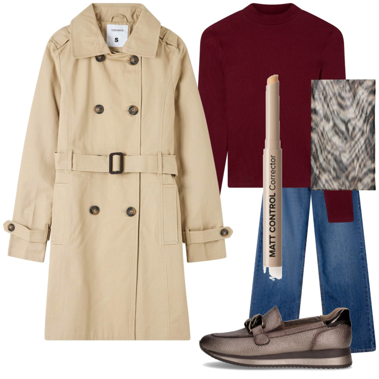 Outfit donna - La stagione del trench. Stile Casual per Tutti i giorni. Abbinamento con correttori, jeans, t-shirt, trench, mocassini, foulard.