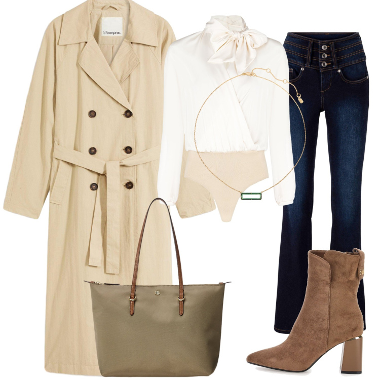 Outfit donna - Trench e jeans. Stile Casual chic per Tutti i giorni. Abbinamento con jeans bootcut, trench, bluse, borse tote, collane, stivaletti.