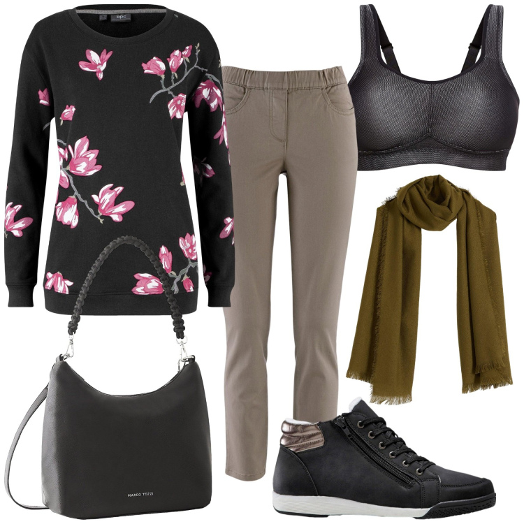 Outfit donna - Bonprix collection. Stile Casual per Tutti i giorni. Abbinamento con pantaloni, sneakers alte, sciarpe, felpe, borse a mano, reggiseni.