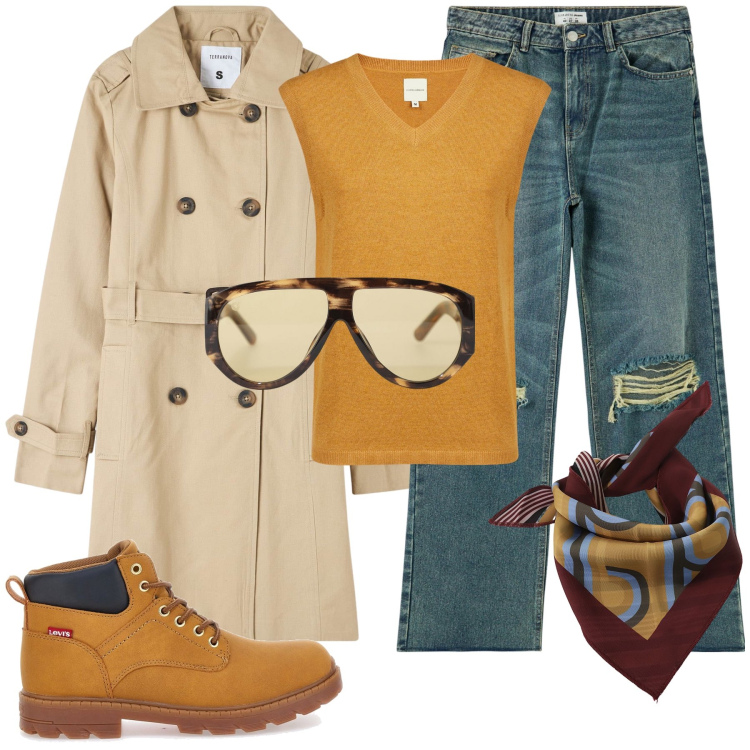 Outfit donna - Wow che stile. Stile Glamour per Tutti i giorni. Abbinamento con trench, jeans strappati, occhiali da sole, foulard, maglieria, anfibi.